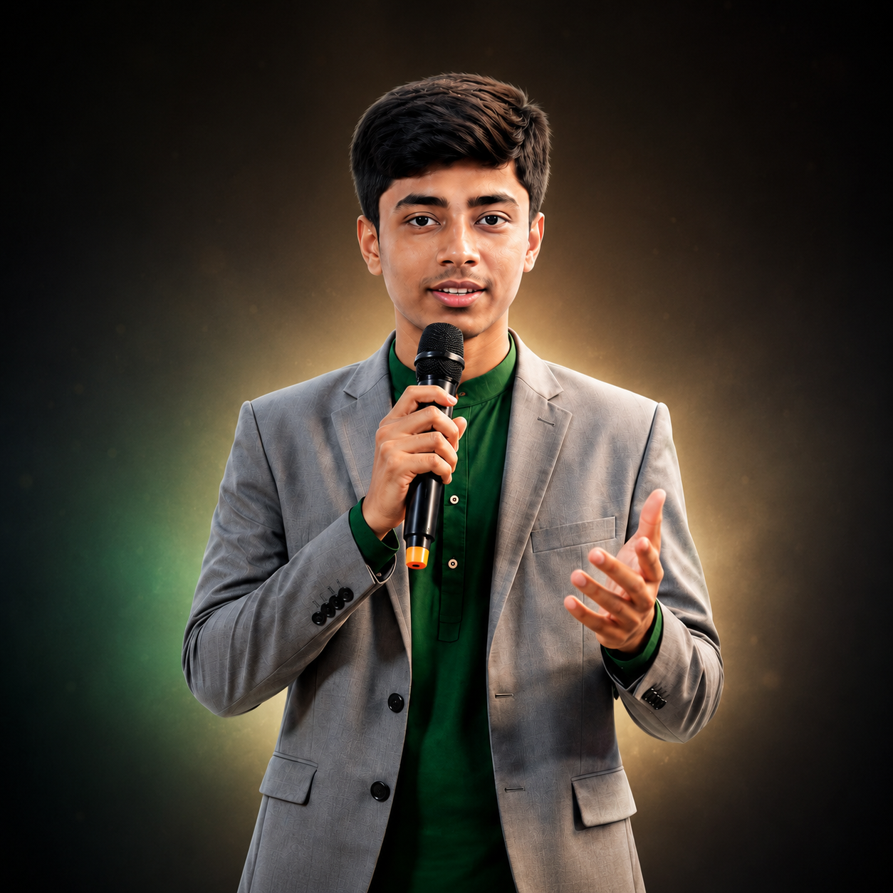 Tanim Sarkar speaking at a professional presentation Tanim Sarkar speaking into a microphone during a professional presentation